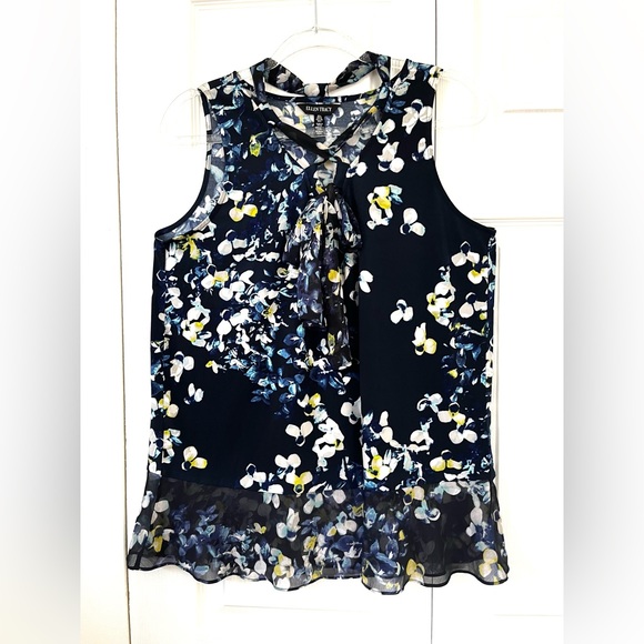 Ellen Tracy Blue Trellis Blossom Ink Tie Neck Top Sleeveless sz Large - Picture 10 of 14